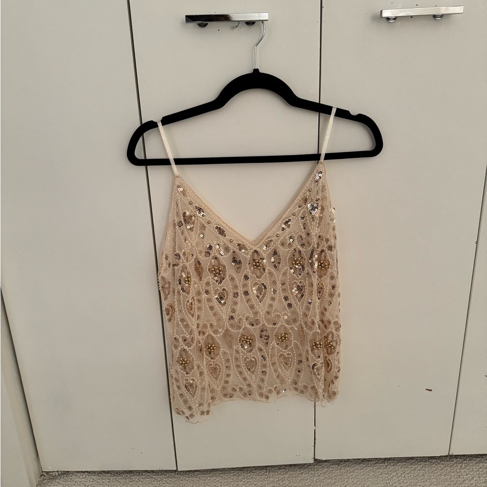 Beige Sequin and Beaded Women's Top